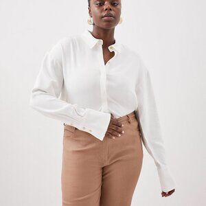 Karen Millen Viscose Crepe Long Sleeve Collared Shirt Ivory